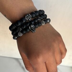 Matte Black Onyx, Lion and Pharaoh Bracelet Stack (10mm & 8mm beads)